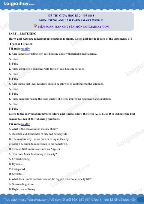 Đề thi giữa kì 2 Tiếng Anh 12 iLearn Smart World - Đề số 5